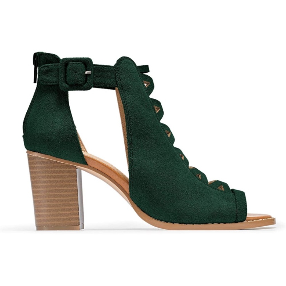 Ankle Strap Chunky Heels Vegan Suede Dark Green - Picture 3 of 7